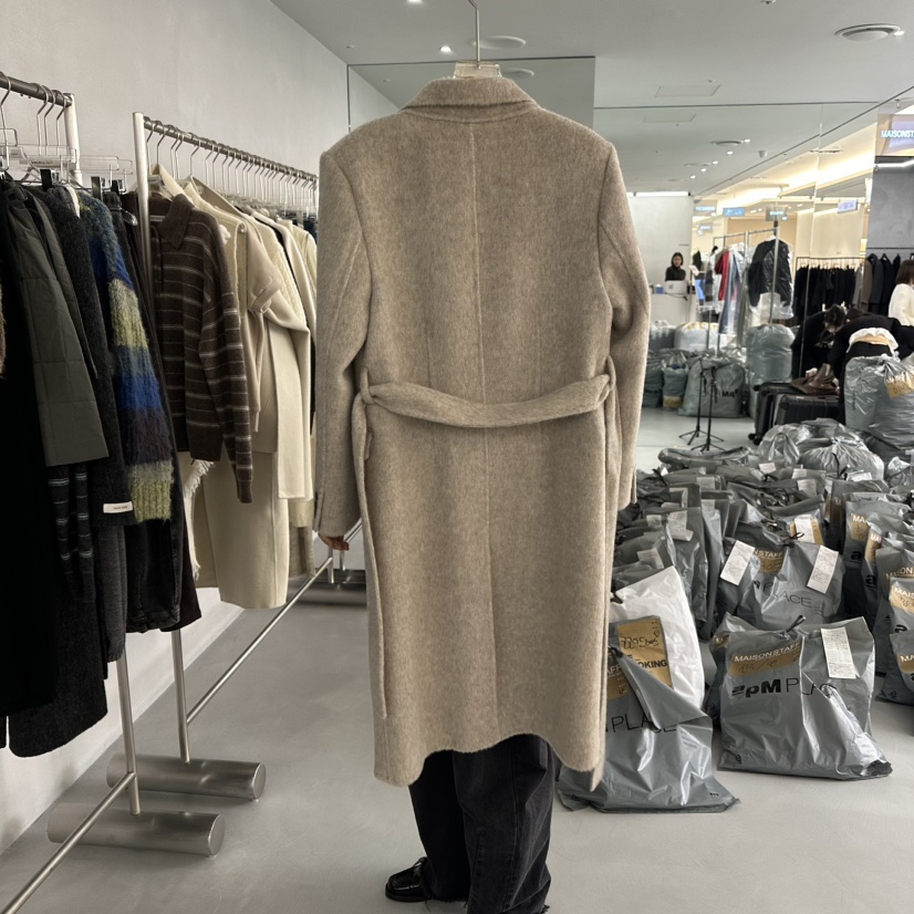 MAISONSTAFF/LE SMOKING直郵韓國代購女裝新款職業中長款大衣安哥拉含腰繩MAISONSTAFF中長款大衣