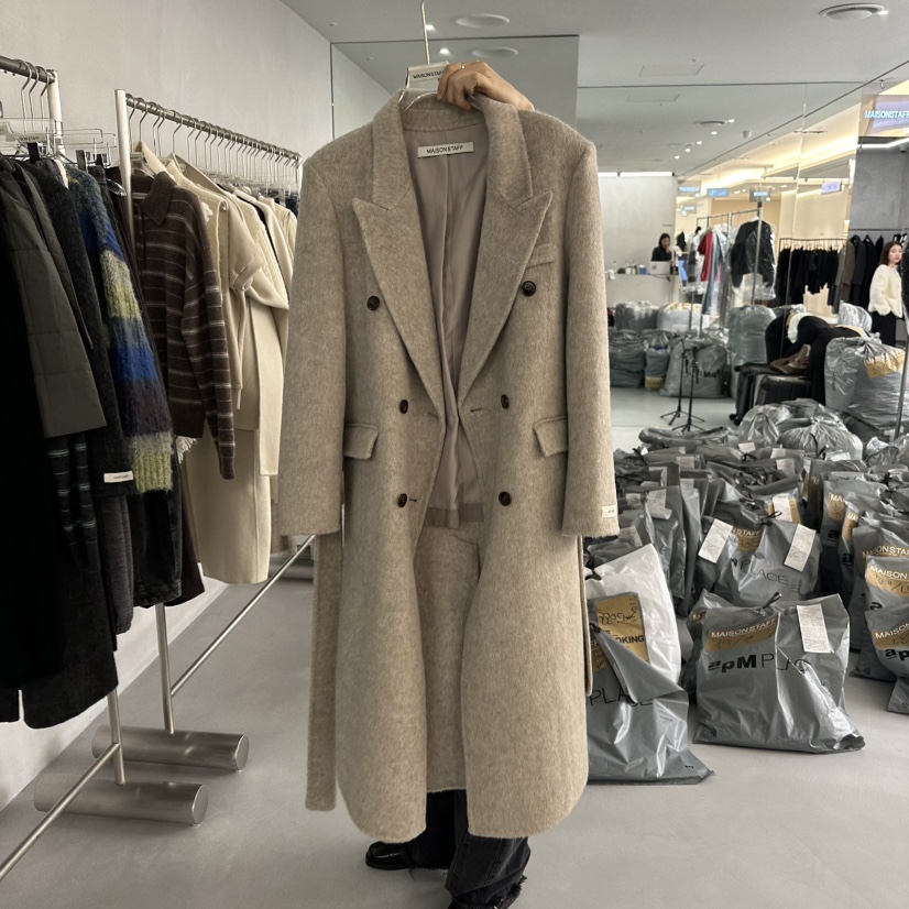 MAISONSTAFF/LE SMOKING直郵韓國代購女裝新款職業中長款大衣安哥拉含腰繩MAISONSTAFF中長款大衣