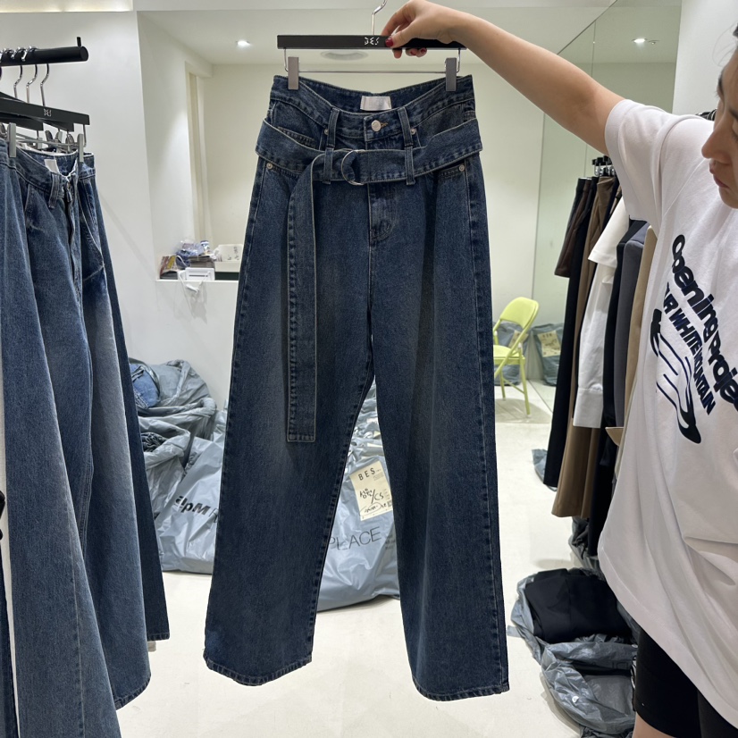 BES韓國直郵東大門實拍女裝新款人氣時尚24秋冬牛仔褲含腰帶BES牛仔褲