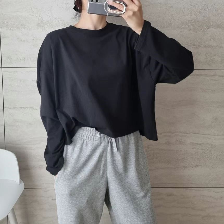 SNS韓國直郵東大門代購女裝新品熱賣休閑職業人氣長袖T恤短款SNS長袖T恤