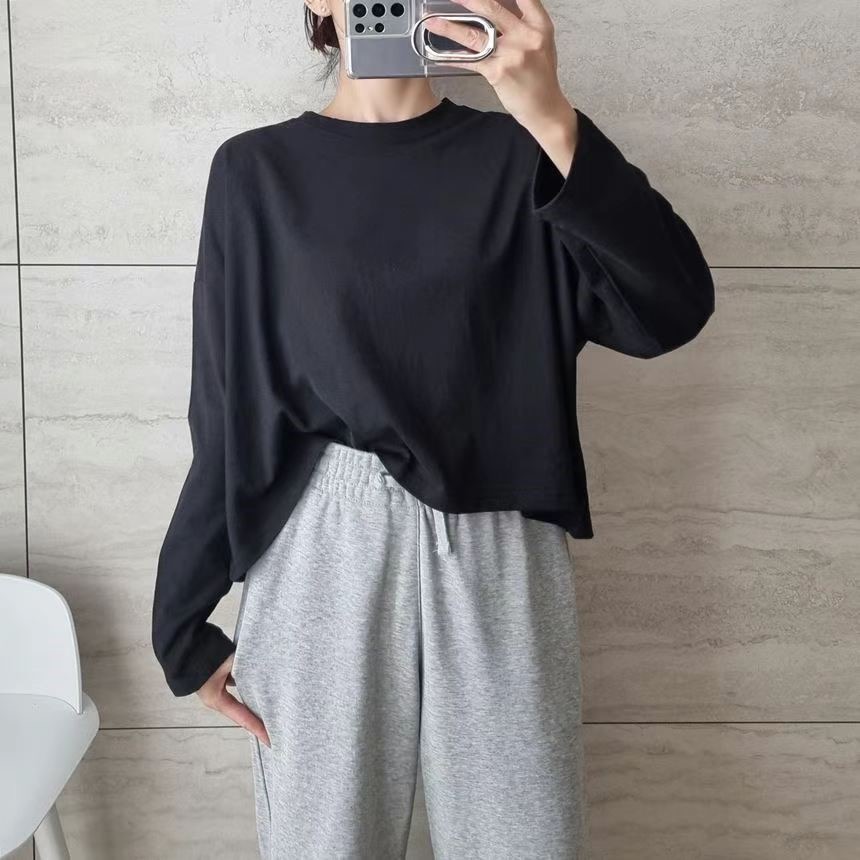 SNS韓國直郵東大門代購女裝新品熱賣休閑職業人氣長袖T恤短款SNS長袖T恤圖色1