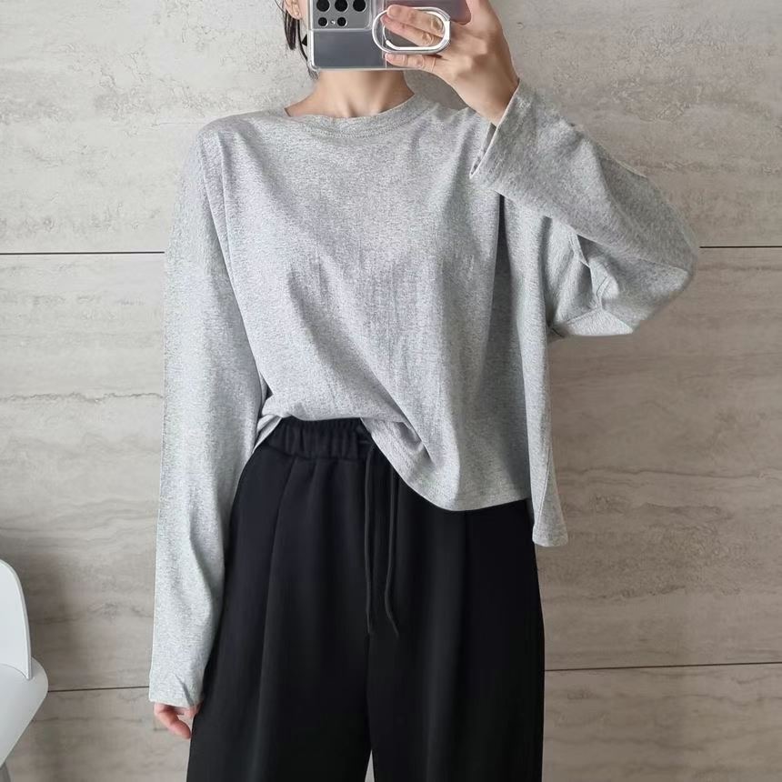 SNS韓國直郵東大門代購女裝新品熱賣休閑職業人氣長袖T恤短款SNS長袖T恤圖色2