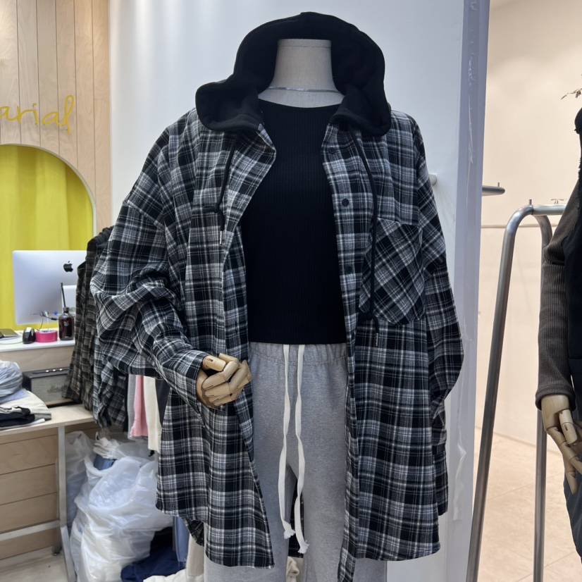 VARIAL直郵韓國代購女裝新款時尚職業24秋冬襯衫蕾絲衫格紋連帽VARIAL襯衫/蕾絲衫