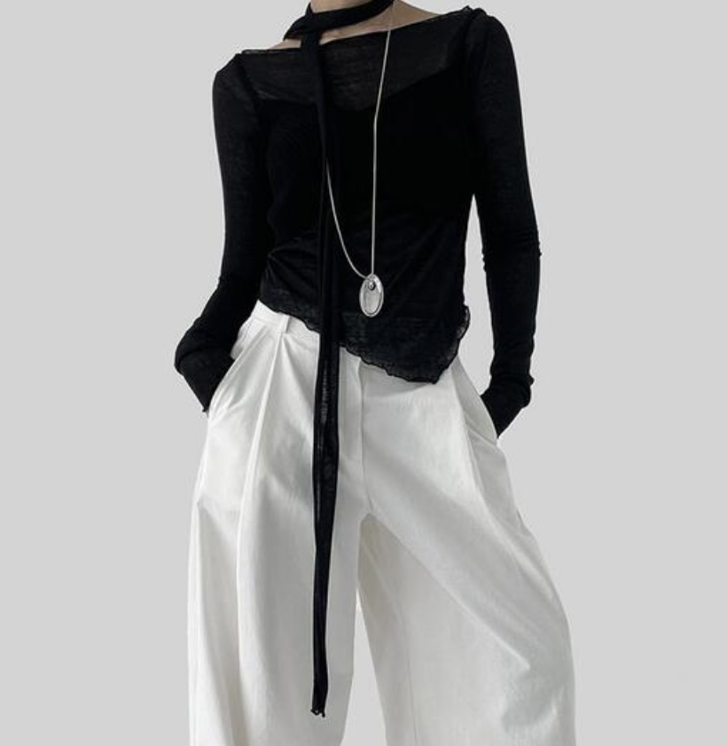 REVIEW 리뷰直郵韓國代購女裝新款推薦時尚熱賣長袖T恤含脖帶THE MUTE長袖T恤