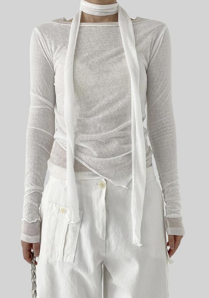 REVIEW 리뷰直郵韓國代購女裝新款推薦時尚熱賣長袖T恤含脖帶THE MUTE長袖T恤