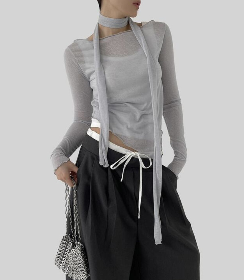 REVIEW 리뷰直郵韓國代購女裝新款推薦時尚熱賣長袖T恤含脖帶THE MUTE長袖T恤