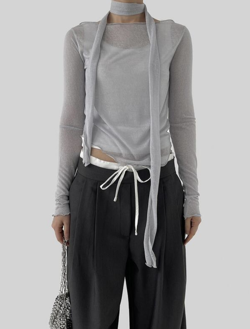 REVIEW 리뷰直郵韓國代購女裝新款推薦時尚熱賣長袖T恤含脖帶THE MUTE長袖T恤