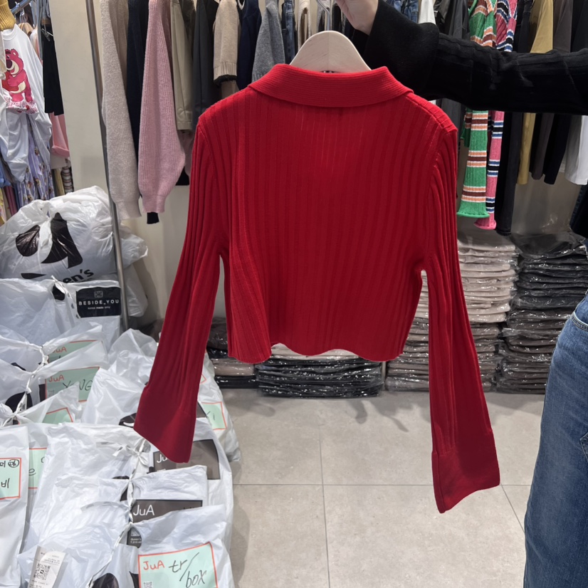 JuA韓國直郵東大門實拍女裝新品休閑時尚職業針織衫短款羅紋JUA針織衫