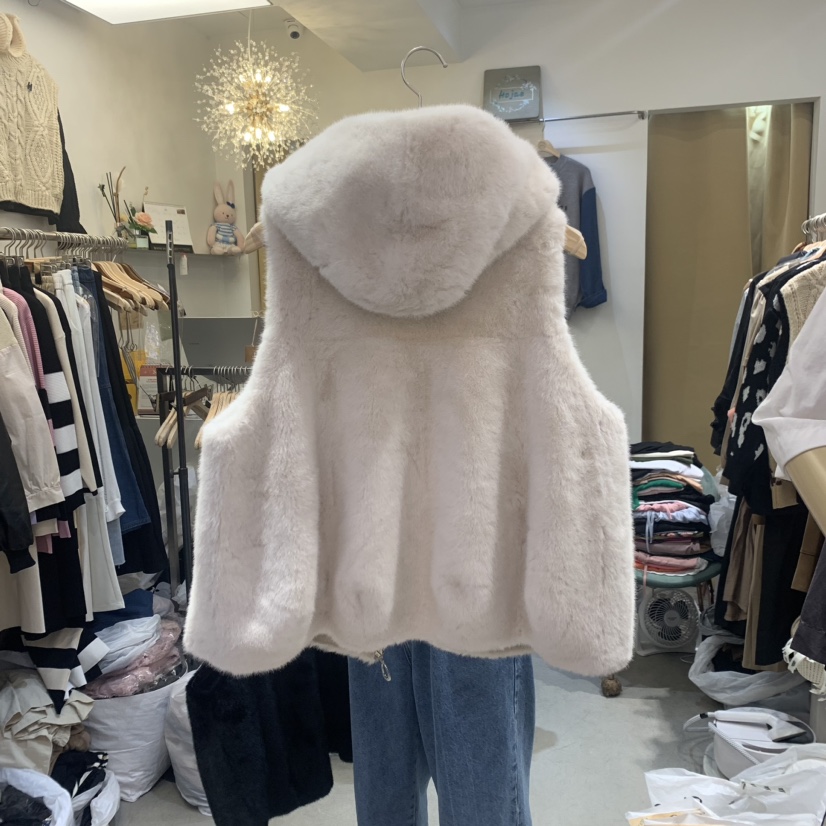 HOJAE韓國直郵東大門實拍女裝新品24秋冬熱賣馬甲貂皮連帽HOJAE馬甲