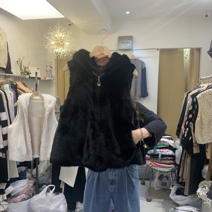 HOJAE韓國直郵東大門實拍女裝新品24秋冬熱賣馬甲貂皮連帽HOJAE馬甲圖色2