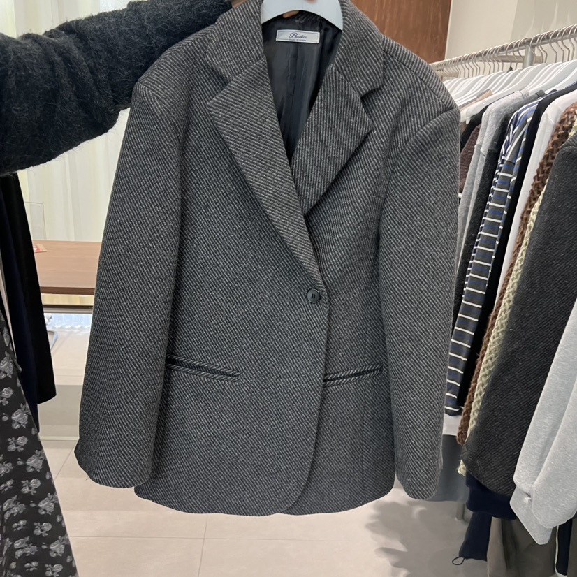 BUCKLE韓國直郵東大門代購女裝新品24秋冬短款大衣羊毛人字紋BUCKLE短款大衣