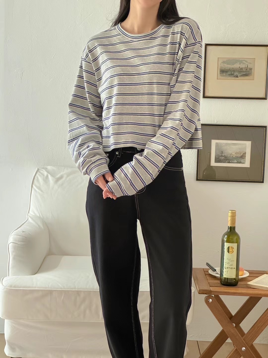 lalafit韓國直郵女裝新品職業24秋冬人氣休閑長袖T恤短款lalafit長袖T恤圖色2