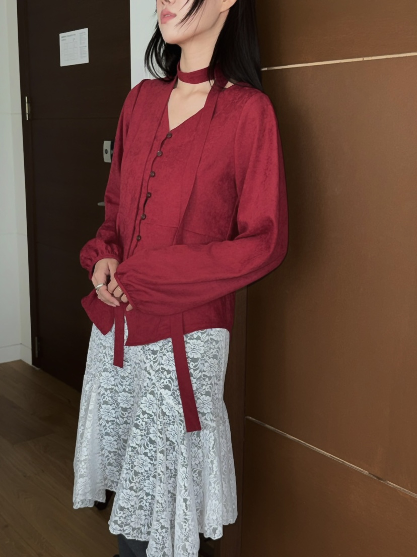 PAPRIKA韓國直郵女裝新品休閑職業人氣時尚襯衫蕾絲衫含脖帶PAPRIKA襯衫/蕾絲衫