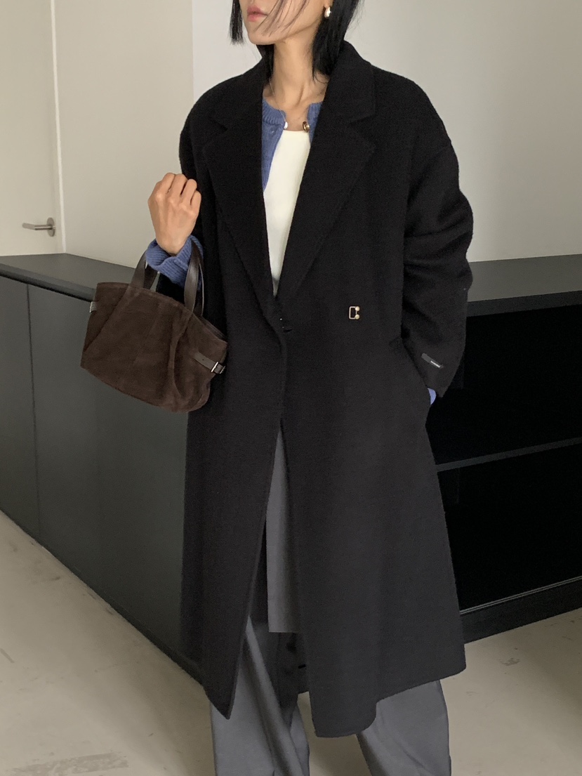 LA_TERRE韓國直郵女裝新款真品推薦休閑中長款大衣含腰帶手工LA_TERRE中長款大衣