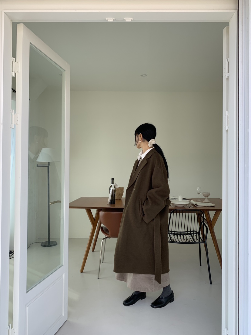 LA_TERRE韓國直郵女裝新款真品推薦休閑中長款大衣含腰帶手工LA_TERRE中長款大衣