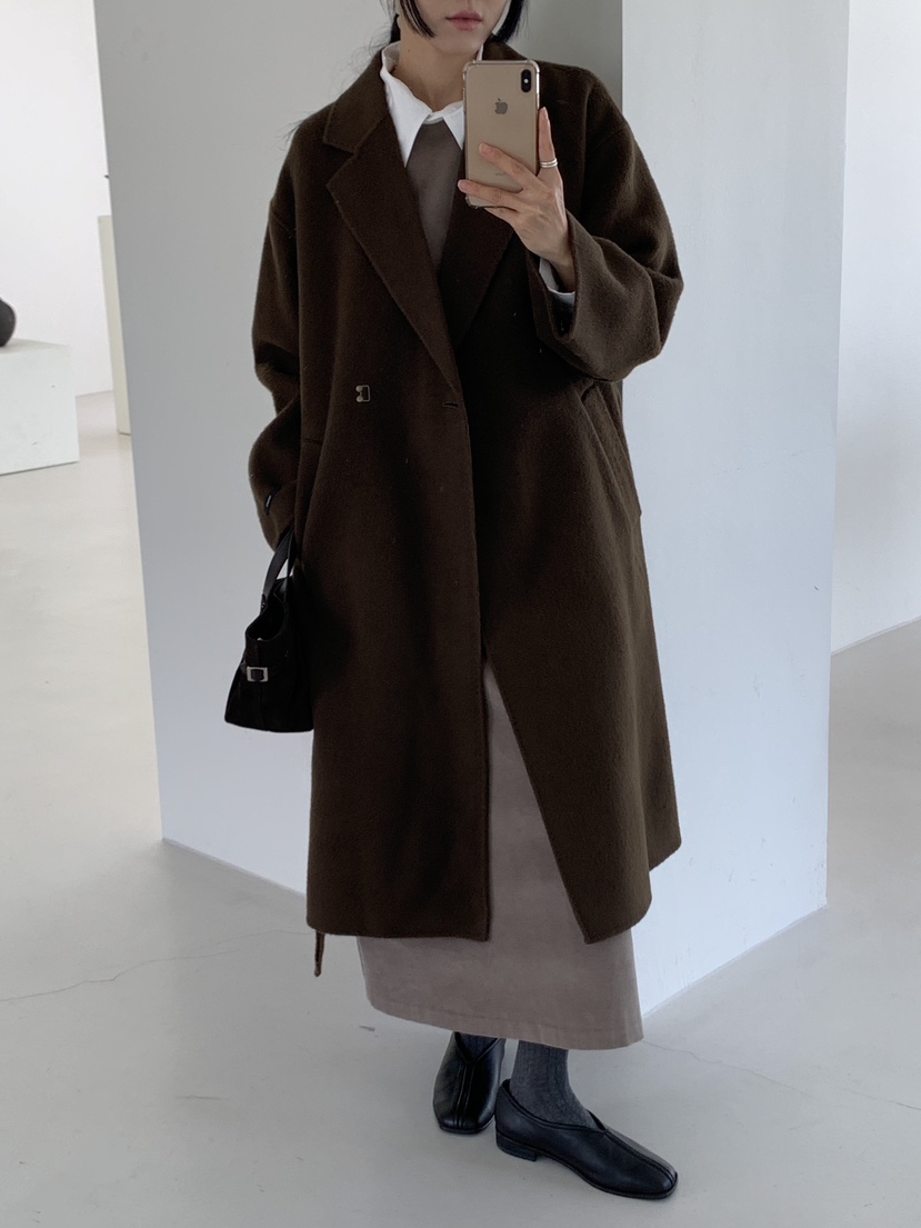 LA_TERRE韓國直郵女裝新款真品推薦休閑中長款大衣含腰帶手工LA_TERRE中長款大衣