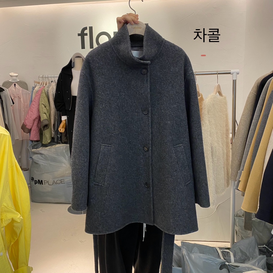 floral韓國直郵女裝新品職業時尚24秋冬短款大衣含腰繩手工高領FLORAL短款大衣圖色3