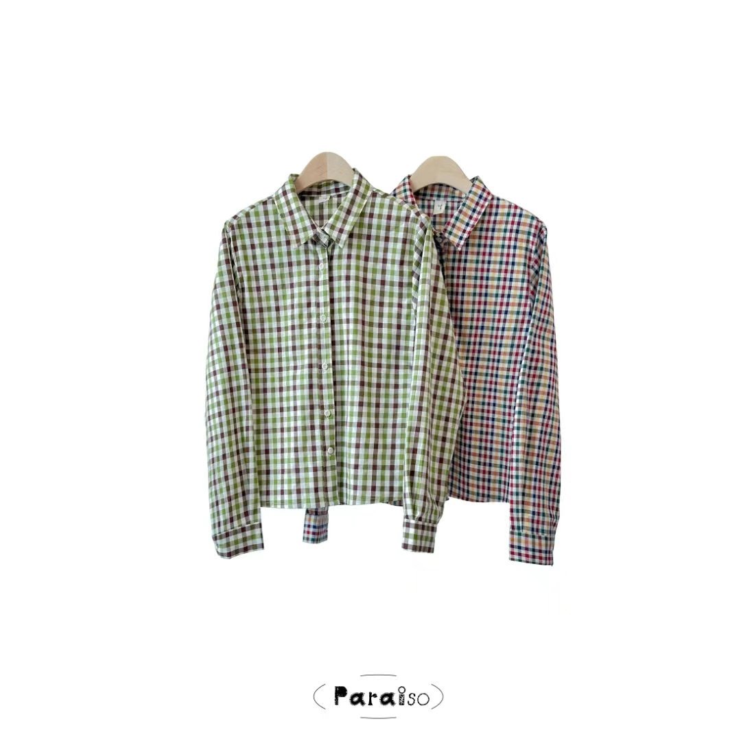 PARAISO韓國直郵女裝新品熱賣時尚職業24秋冬襯衫蕾絲衫復古格紋PARAISO襯衫/蕾絲衫圖色2左二色