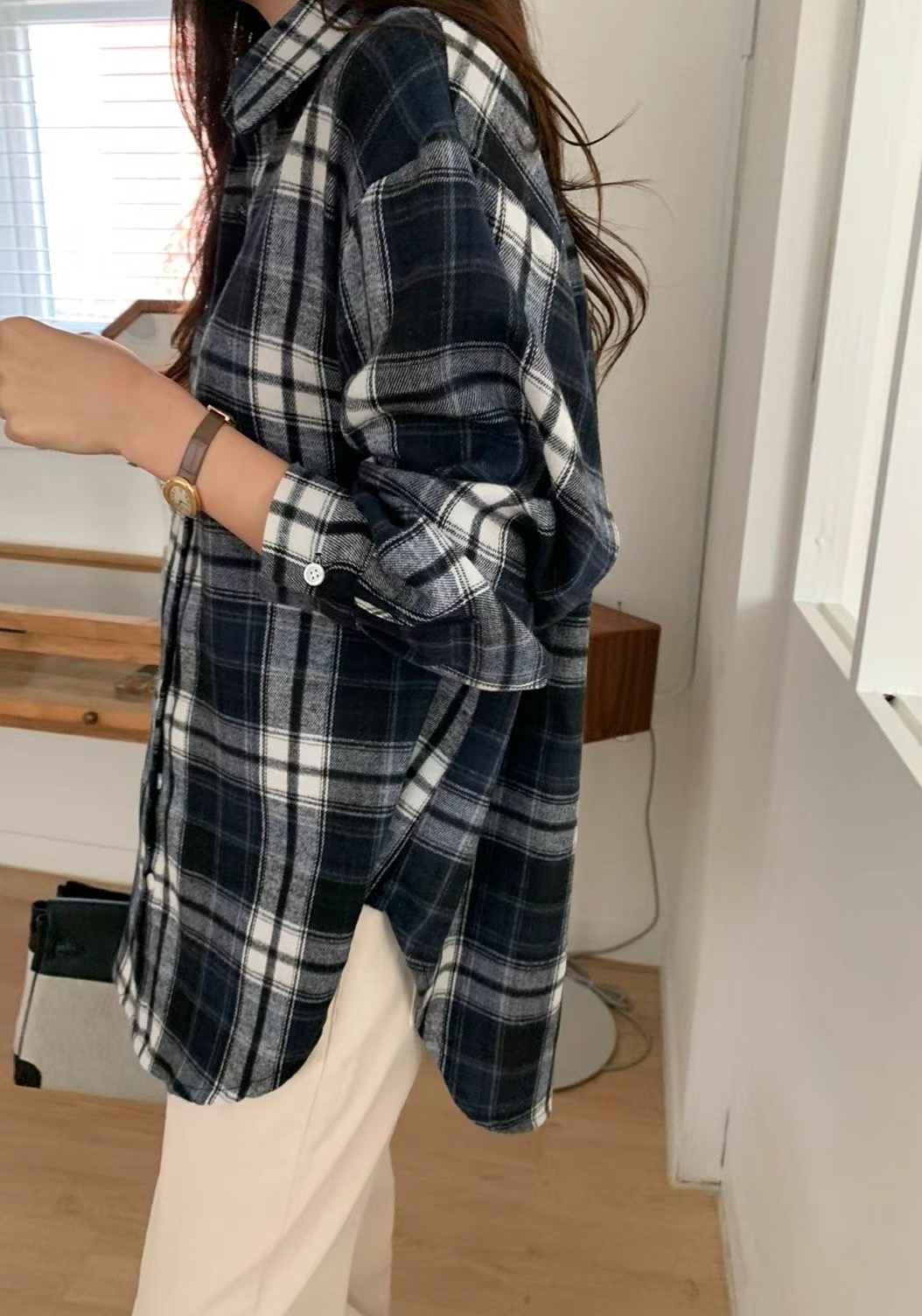 LUCKY ROOM韓國直郵女裝新品24秋冬休閑襯衫蕾絲衫保暖格紋LUCKY ROOM襯衫/蕾絲衫
