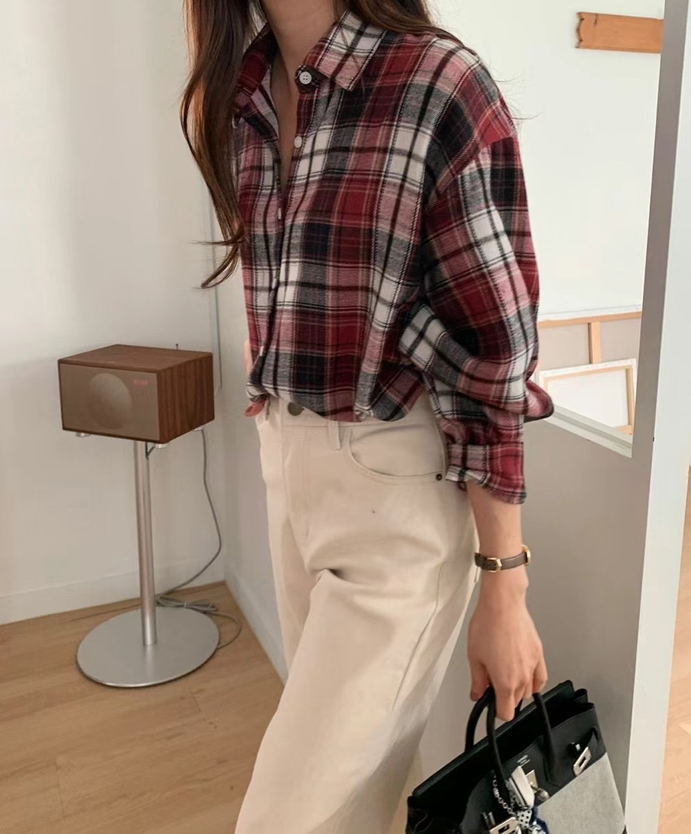 LUCKY ROOM韓國直郵女裝新品24秋冬休閑襯衫蕾絲衫保暖格紋LUCKY ROOM襯衫/蕾絲衫