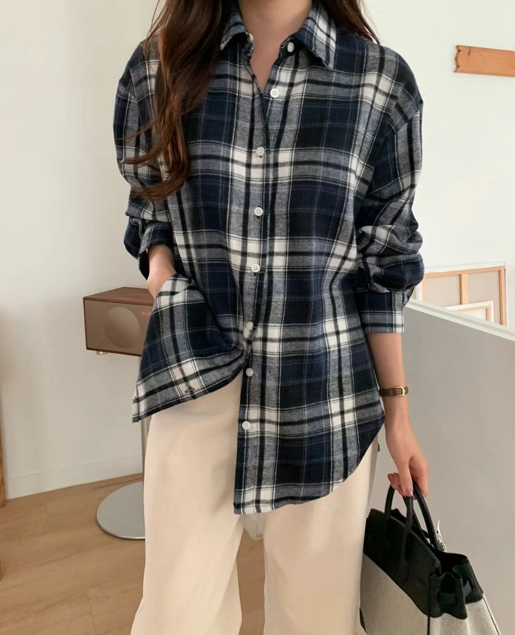 LUCKY ROOM韓國直郵女裝新品24秋冬休閑襯衫蕾絲衫保暖格紋LUCKY ROOM襯衫/蕾絲衫圖色2