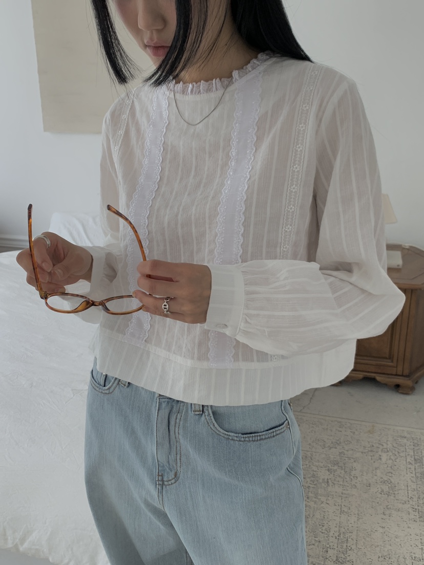 US韓國直郵東大門代購女裝新品推薦人氣24秋冬襯衫蕾絲衫蕾絲US襯衫/蕾絲衫圖色2