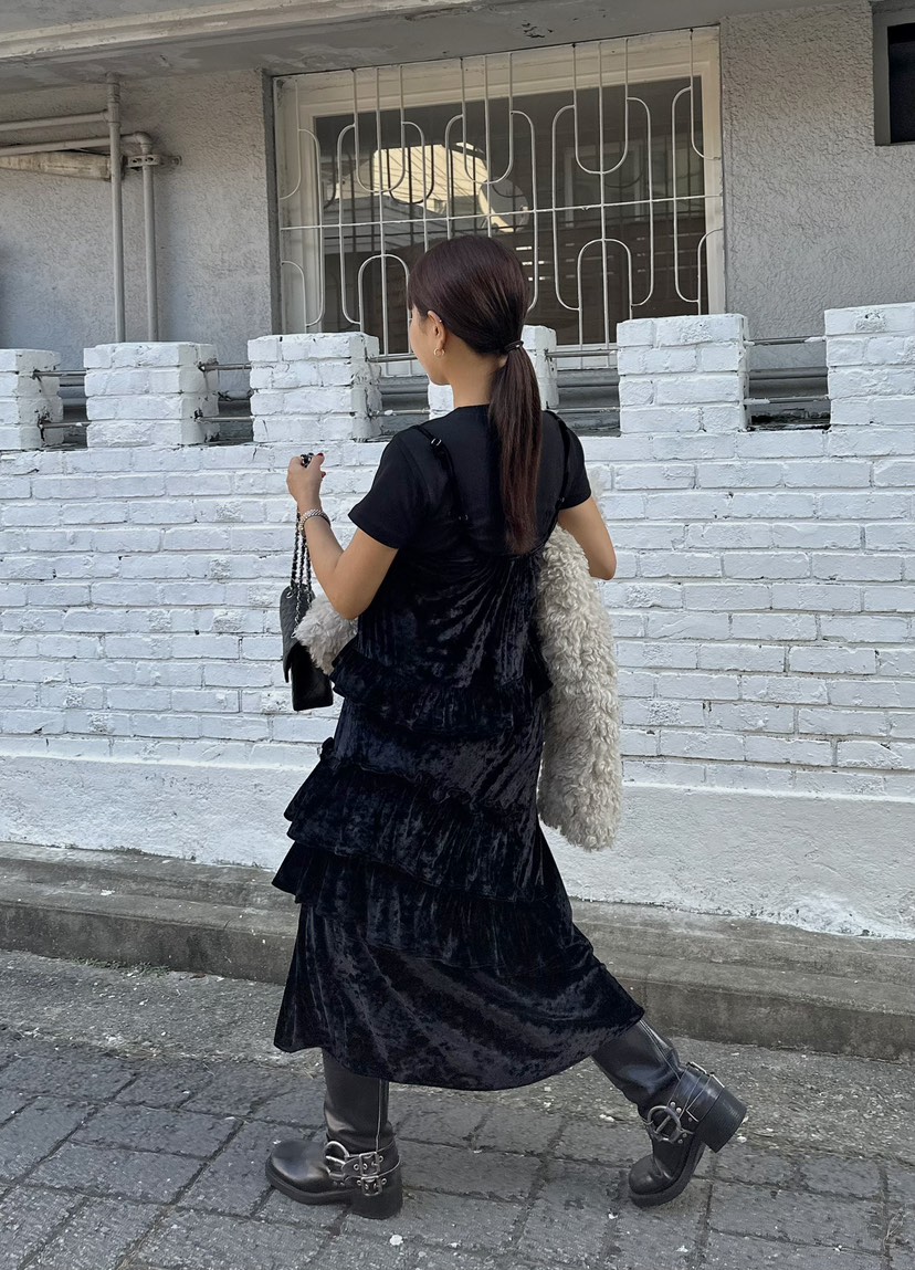 BYRING直郵韓國代購女裝新款職業時尚休閑連衣裙天鵝絨荷葉邊BYRING連衣裙