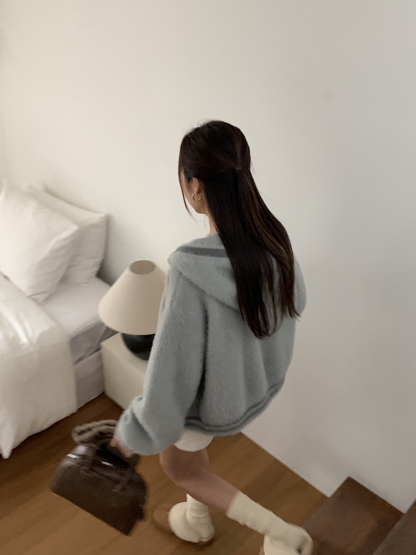 Chapter韓國直郵女裝新品24秋冬真品熱賣針織衫貂皮開衫連帽Chapter針織衫