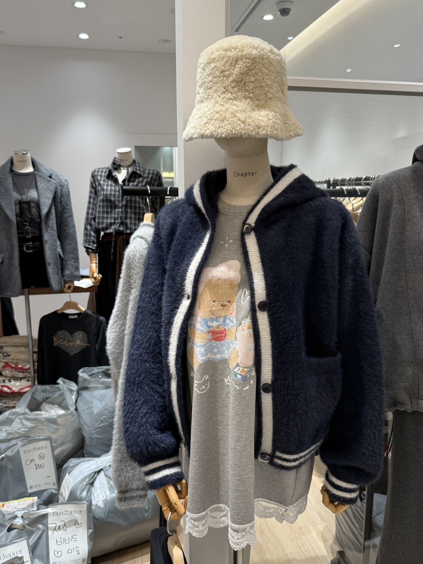 Chapter韓國直郵女裝新品24秋冬真品熱賣針織衫貂皮開衫連帽Chapter針織衫圖色2