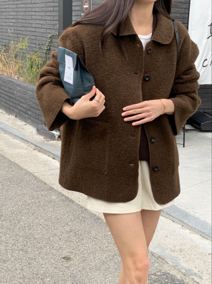 LA MUETTE/JAMIESTONE直郵韓國代購女裝新款推薦短款大衣羊駝毛FLAT GARDEN/LA MUETTE/JAMIESTONE短款大衣