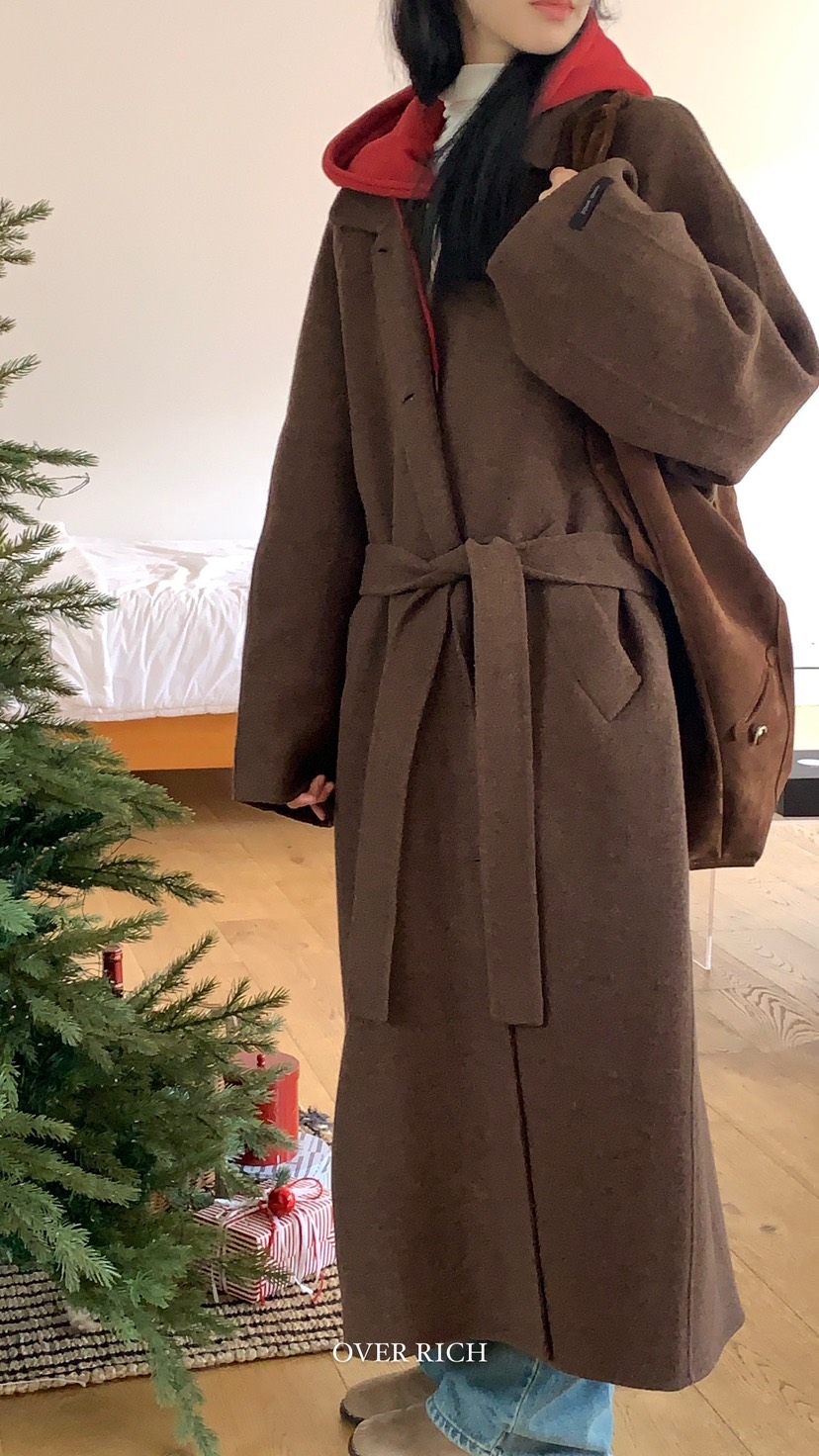 OVER RICH韓國直郵東大門代購女裝新款24秋冬中長款大衣含腰帶OVER RICH中長款大衣