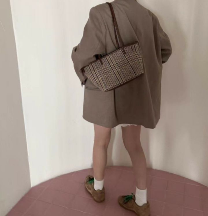 TROUVAILLE韓國直郵女裝新款真品職業熱賣單肩斜跨包羊毛格紋TROUVAILLE單肩/斜跨包