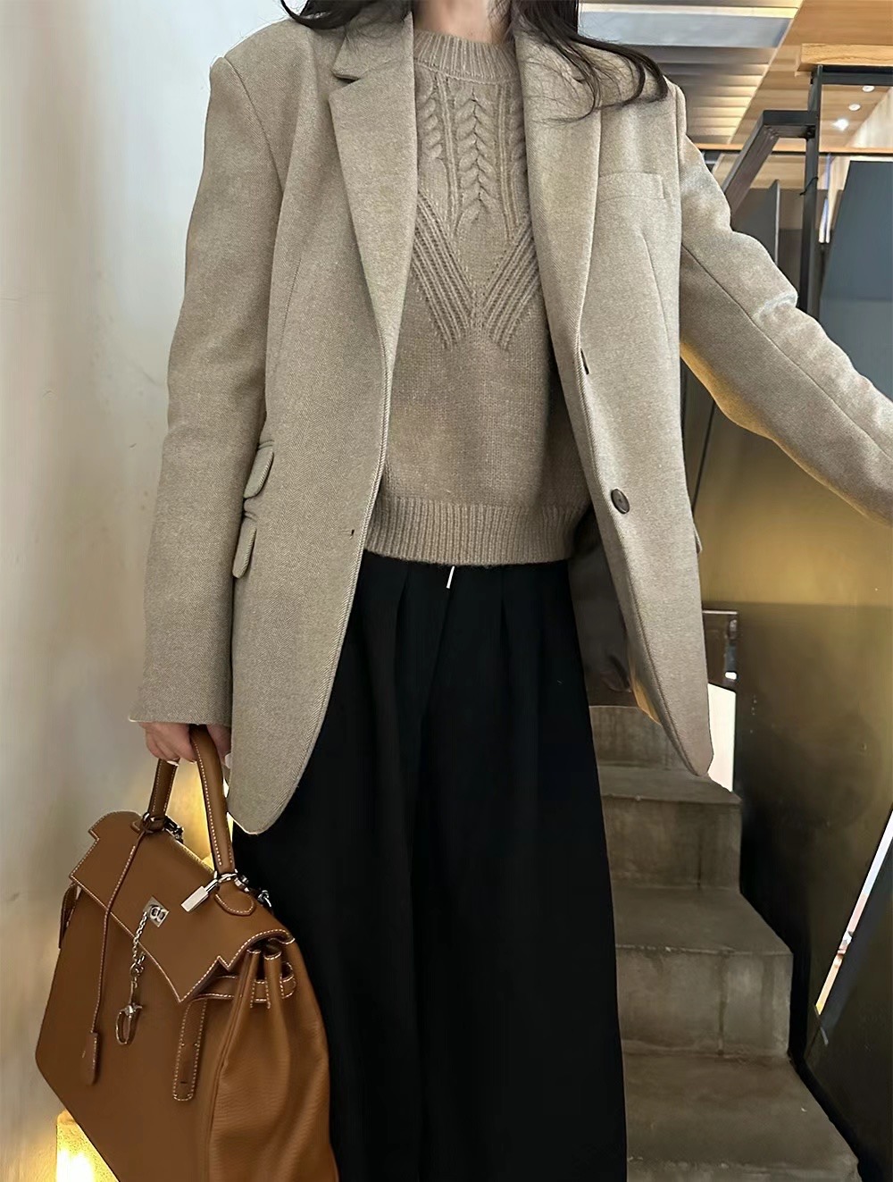 STAY韓國直郵女裝新款熱賣人氣24秋冬職業夾克羊毛人字紋STAY夾克