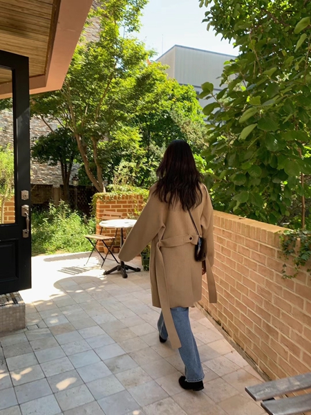 MERRYPN韓國直郵東大門代購女裝新品職業熱賣中長款大衣含腰帶LENEUF中長款大衣