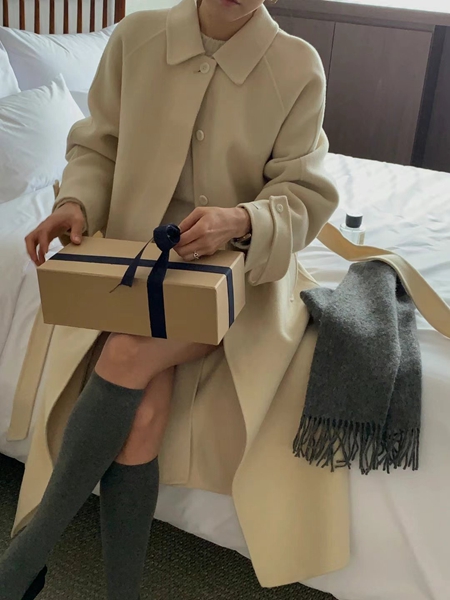 IVORY直郵韓國代購女裝新款職業人氣真品休閑中長款大衣含腰帶IVORY中長款大衣