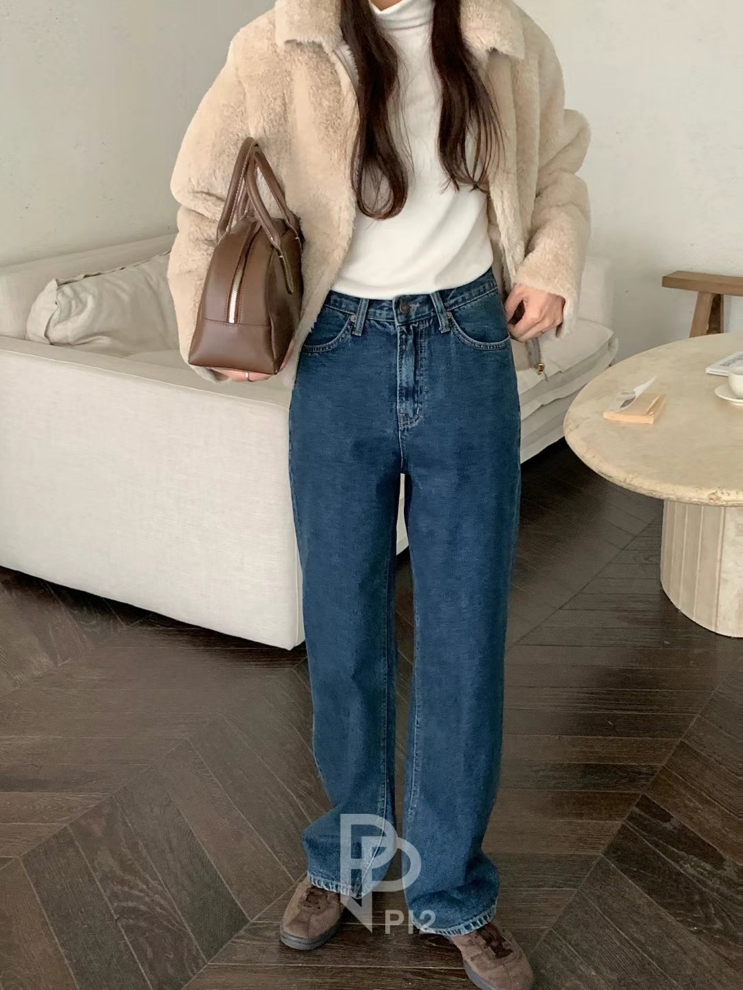 PI2韓國直郵東大門代購女裝新品職業真品推薦時尚牛仔褲加絨Pi2牛仔褲