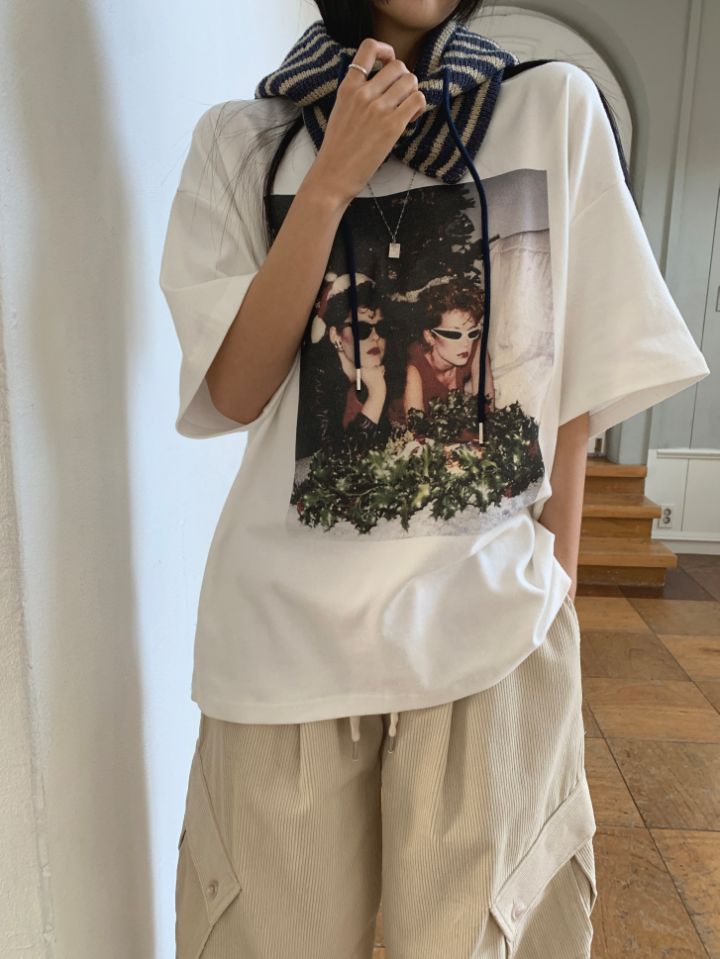 4LEAF韓國直郵東大門代購女裝新品休閑推薦人氣熱賣T恤拉絨4LEAFT恤圖色2