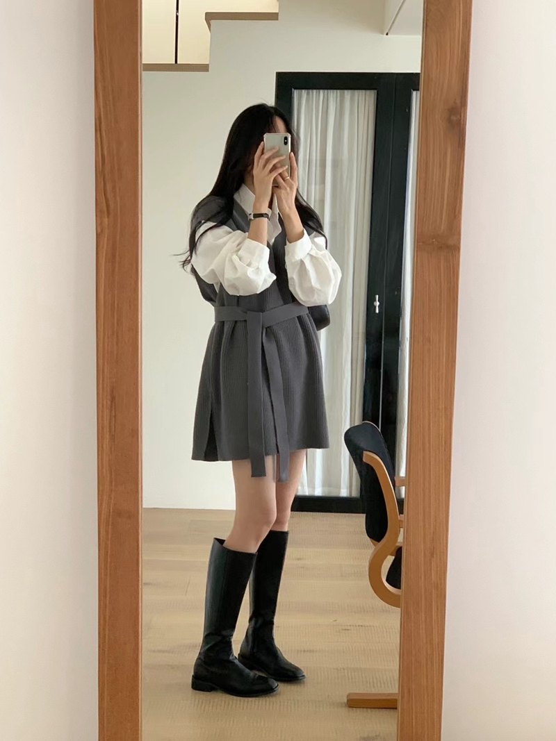 DADA韓國直郵女裝新品休閑24秋冬時尚熱賣職業連衣裙含腰帶DADA連衣裙