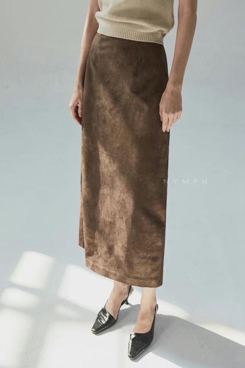 NYMPH韓國直郵東大門實拍女裝新品推薦時尚職業休閑長裙絨面革NYMPH長裙