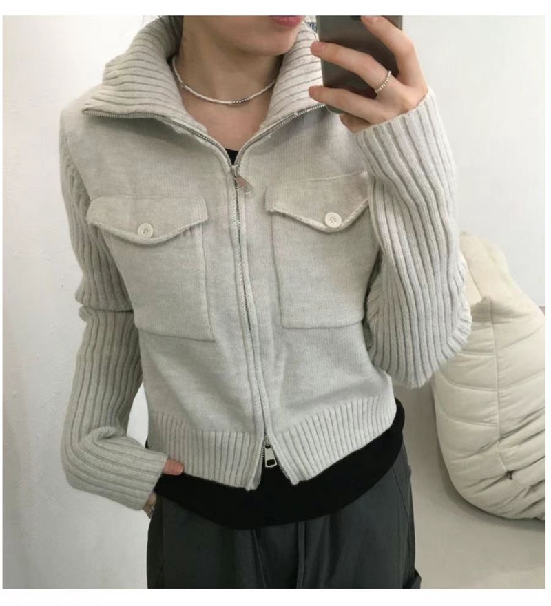 STAY ONE MORE韓國直郵東大門代購女裝新品熱賣針織衫口袋高領開衫STAY ONE MORE針織衫