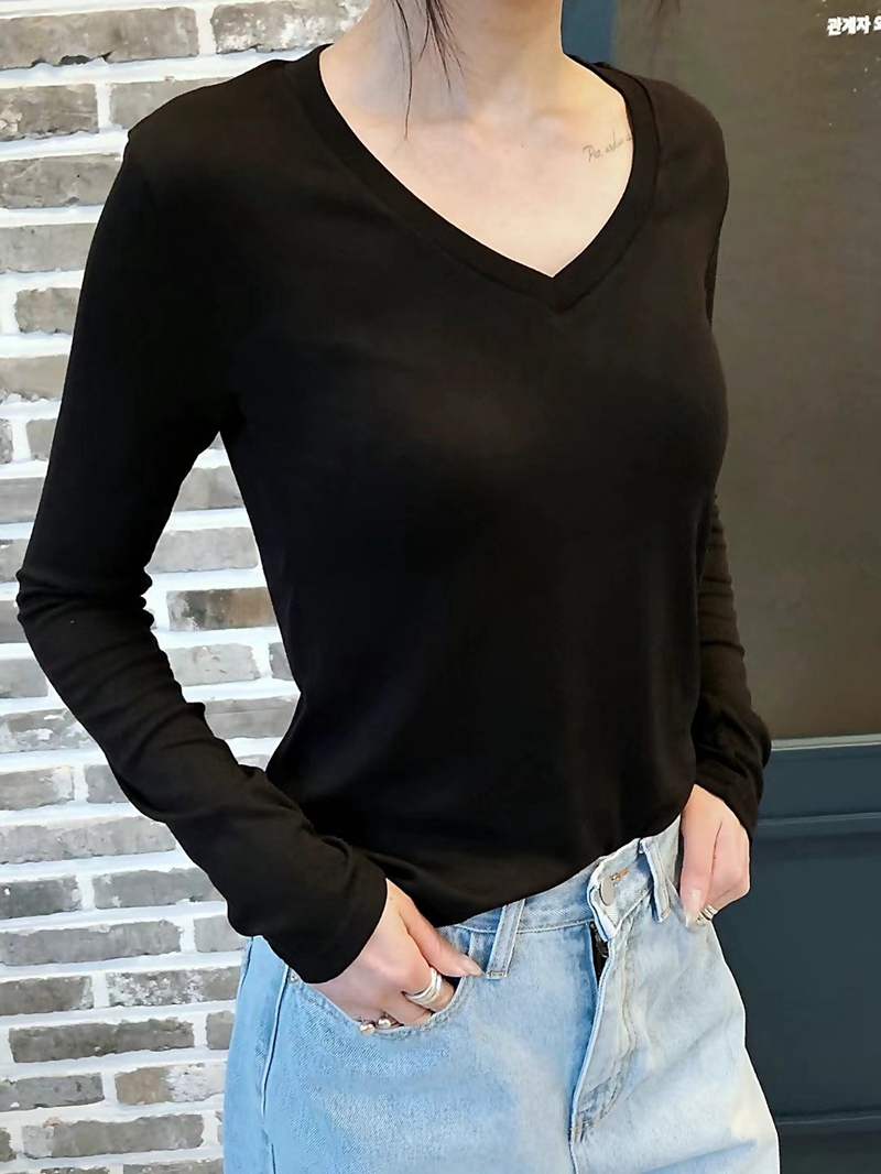 MARID韓國直郵東大門實拍女裝新款職業熱賣真品時尚長袖T恤V領WITHMOON長袖T恤圖色2