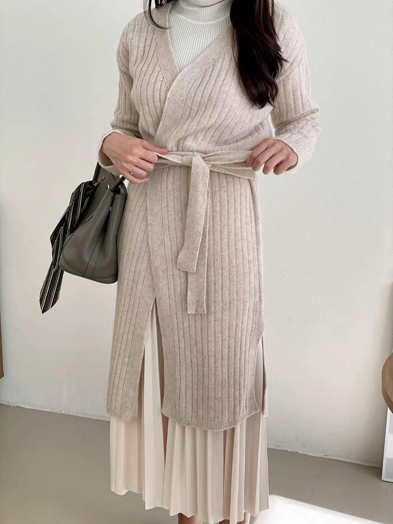 MUSTBE韓國直郵東大門實拍女裝新款熱賣中長款大衣含腰帶開衫MUSTBE中長款大衣