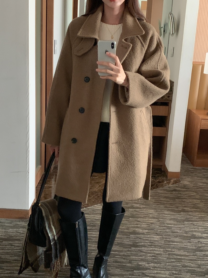 FRILL-T東大門代購女士新品熱賣休閑職業中長款大衣含腰帶FRILL-T中長款大衣