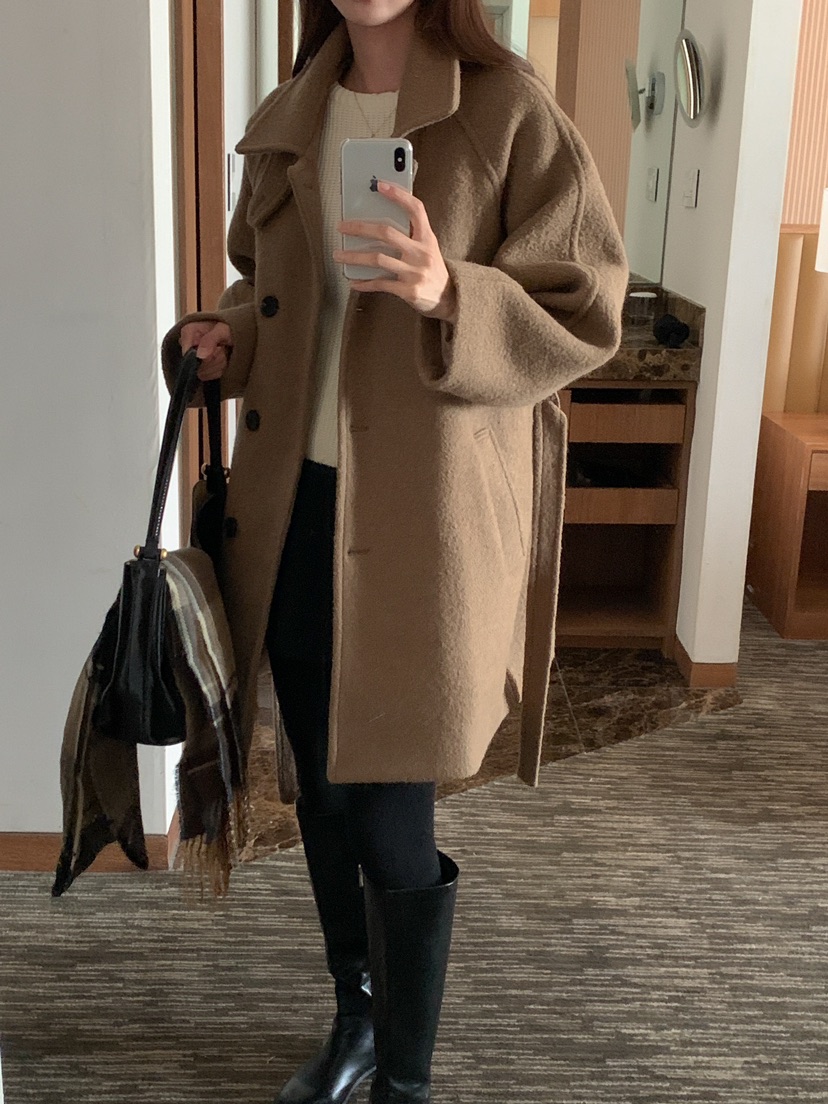 FRILL-T東大門代購女士新品熱賣休閑職業中長款大衣含腰帶FRILL-T中長款大衣