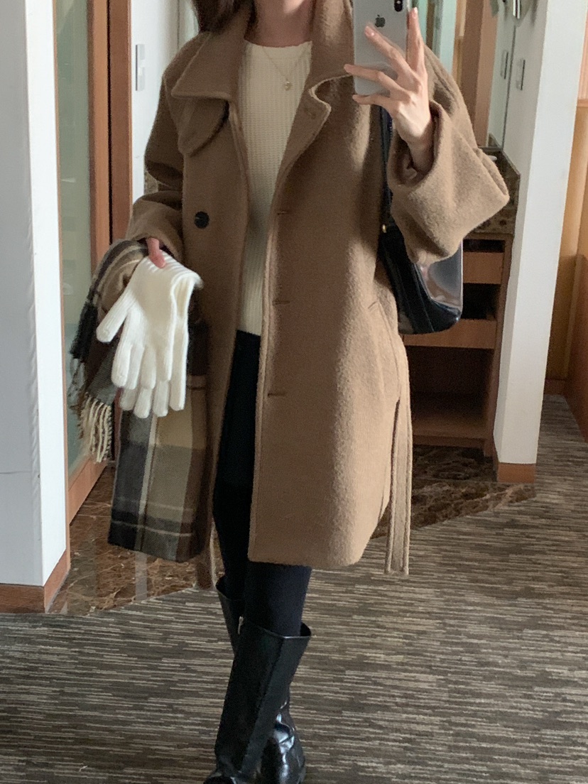 FRILL-T東大門代購女士新品熱賣休閑職業中長款大衣含腰帶FRILL-T中長款大衣