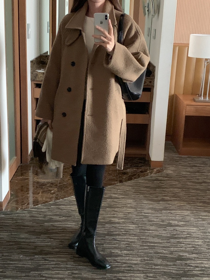 FRILL-T東大門代購女士新品熱賣休閑職業中長款大衣含腰帶FRILL-T中長款大衣