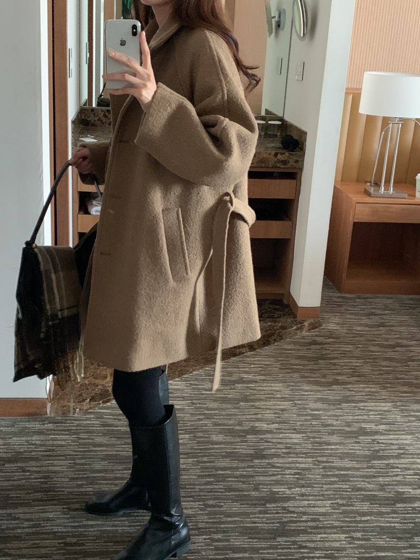 FRILL-T東大門代購女士新品熱賣休閑職業中長款大衣含腰帶FRILL-T中長款大衣