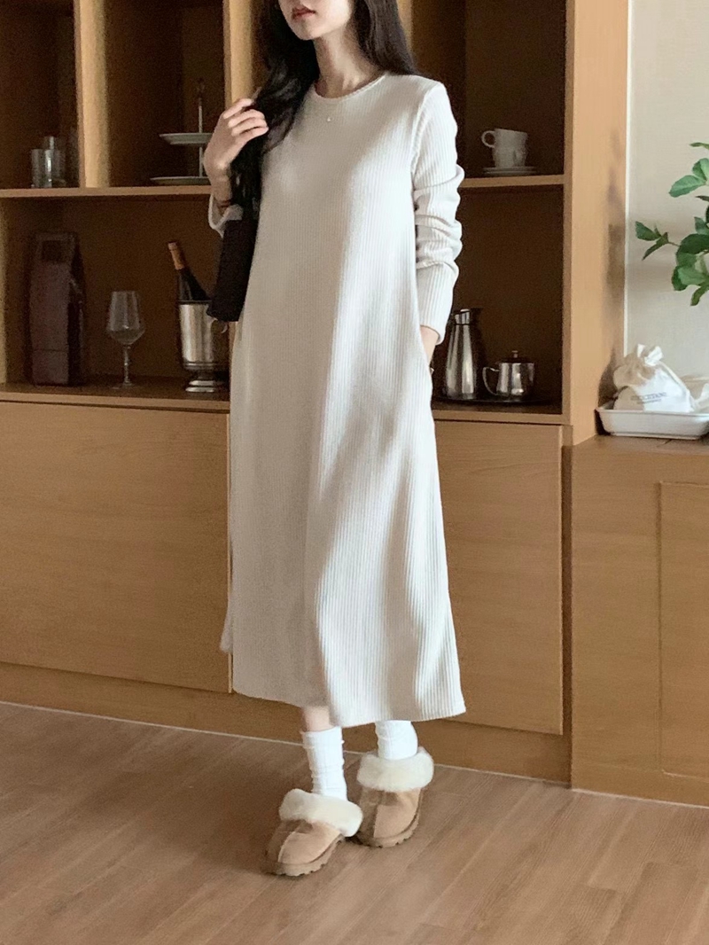 AND韓國直郵東大門實拍女裝新品推薦人氣職業24秋冬連衣裙羅紋DAILY PROJECT連衣裙