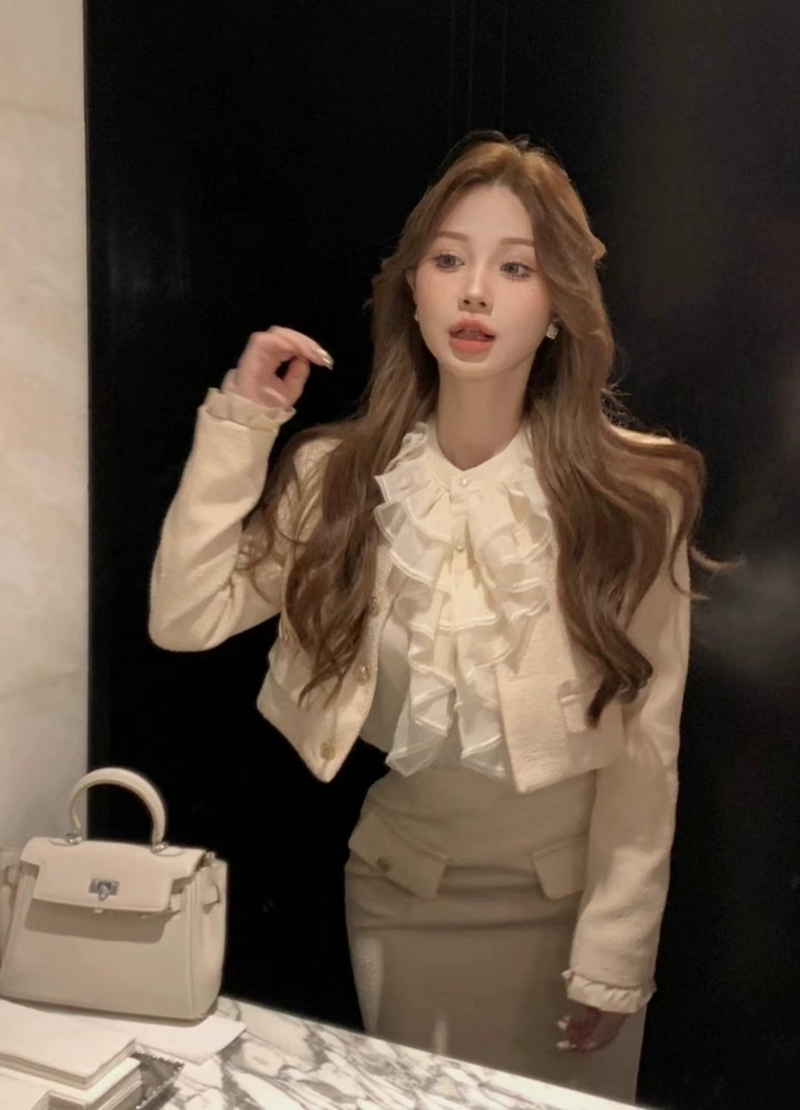 THE COCO韓國直郵東大門代購女裝新品推薦襯衫蕾絲衫荷葉邊短款THE COCO襯衫/蕾絲衫