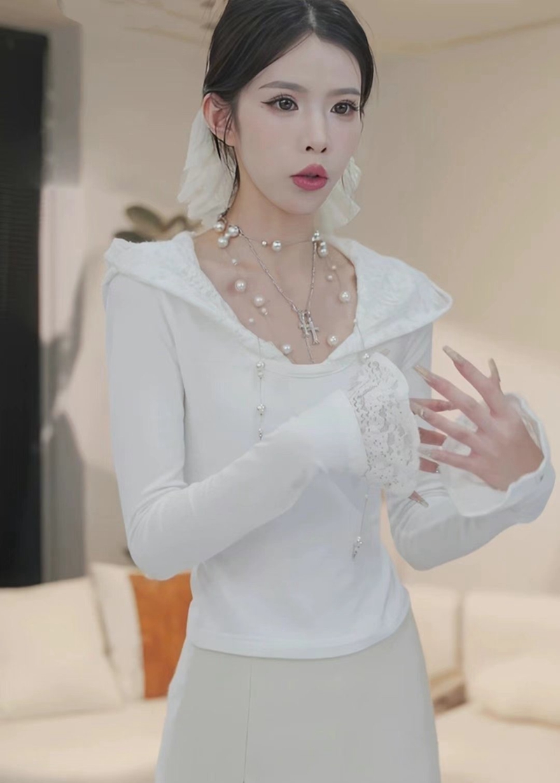 THE COCO直郵韓國代購女裝新品人氣休閑職業長袖T恤蕾絲連帽THE COCO長袖T恤